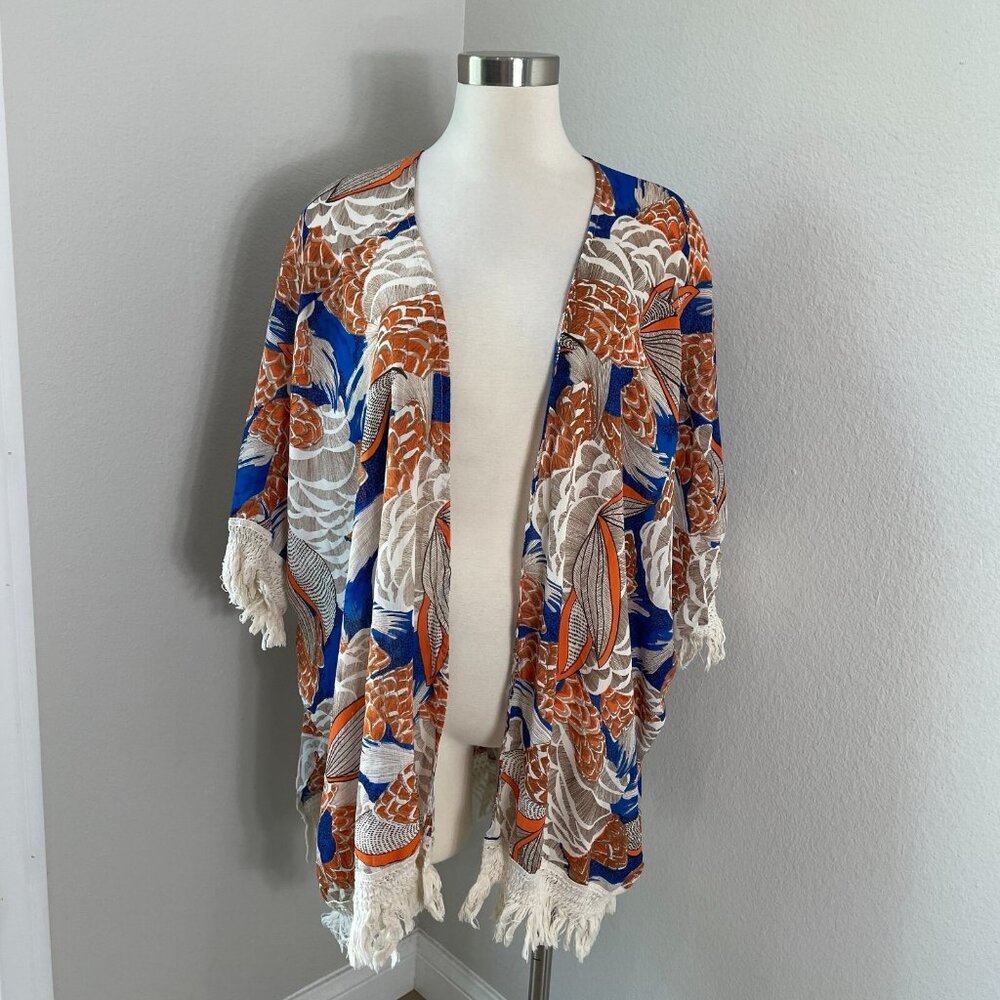 Entro Womens Size S/M‎ Kimono Open Cardigan Boho Fringe Accent Festival